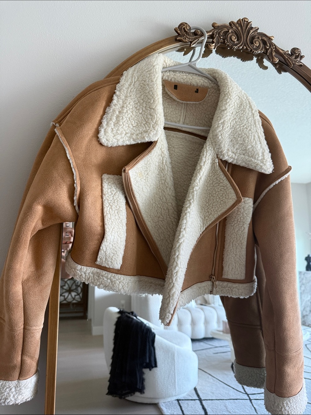 Women’s Tan Sherpa-Lined Jacket with Cream Trim